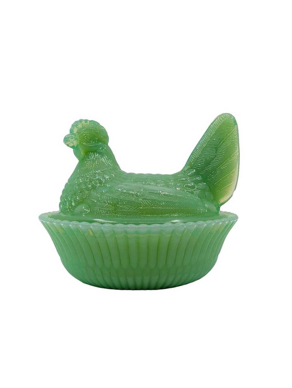 Vintage Jadeite Glass Hen on Nest Covered Dish Westmoreland Embossed Bunny Base